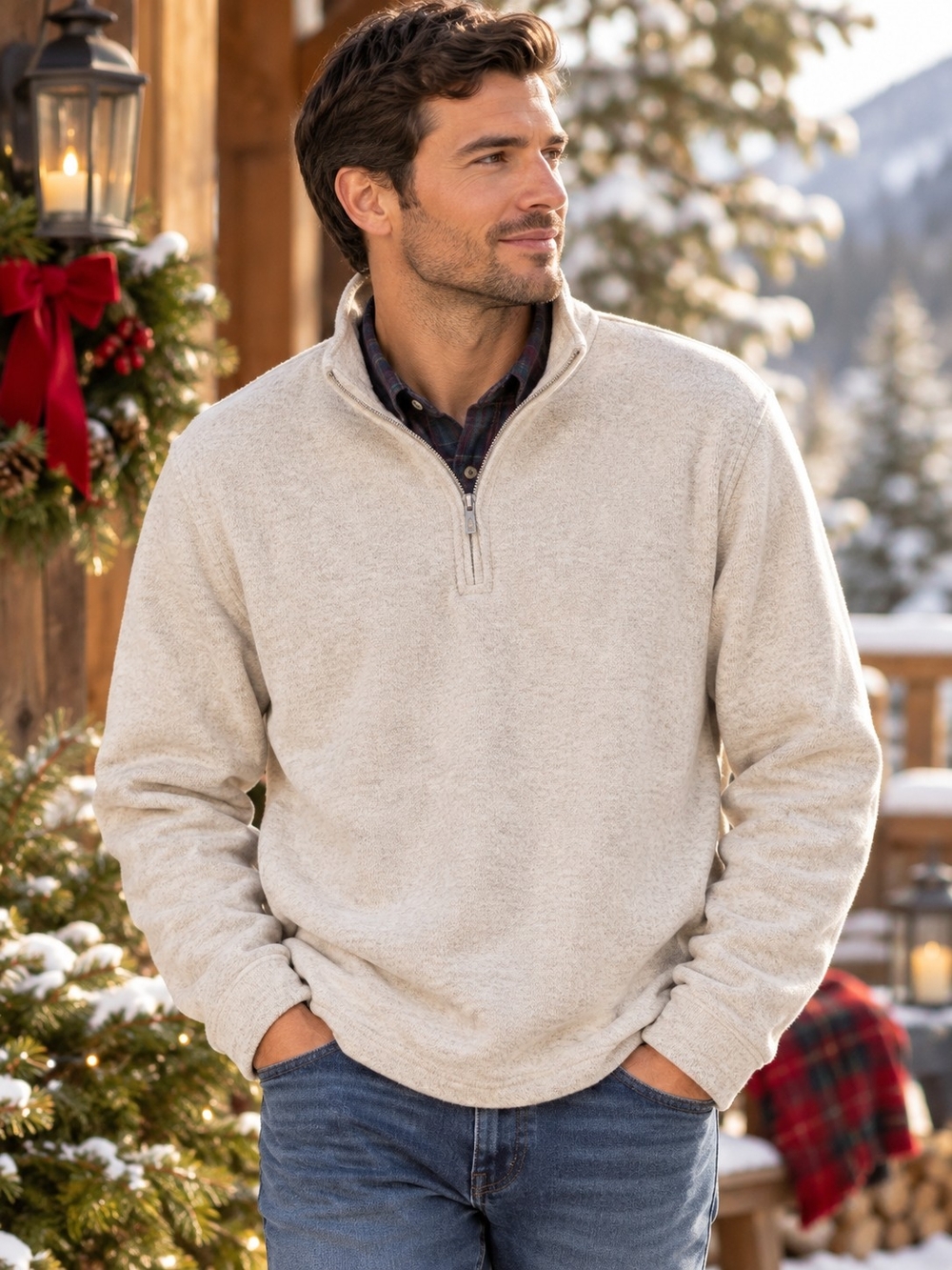J. Crew Men's Double-Knit Quarter-Zip Pullover Sweater Oatmeal- Size L